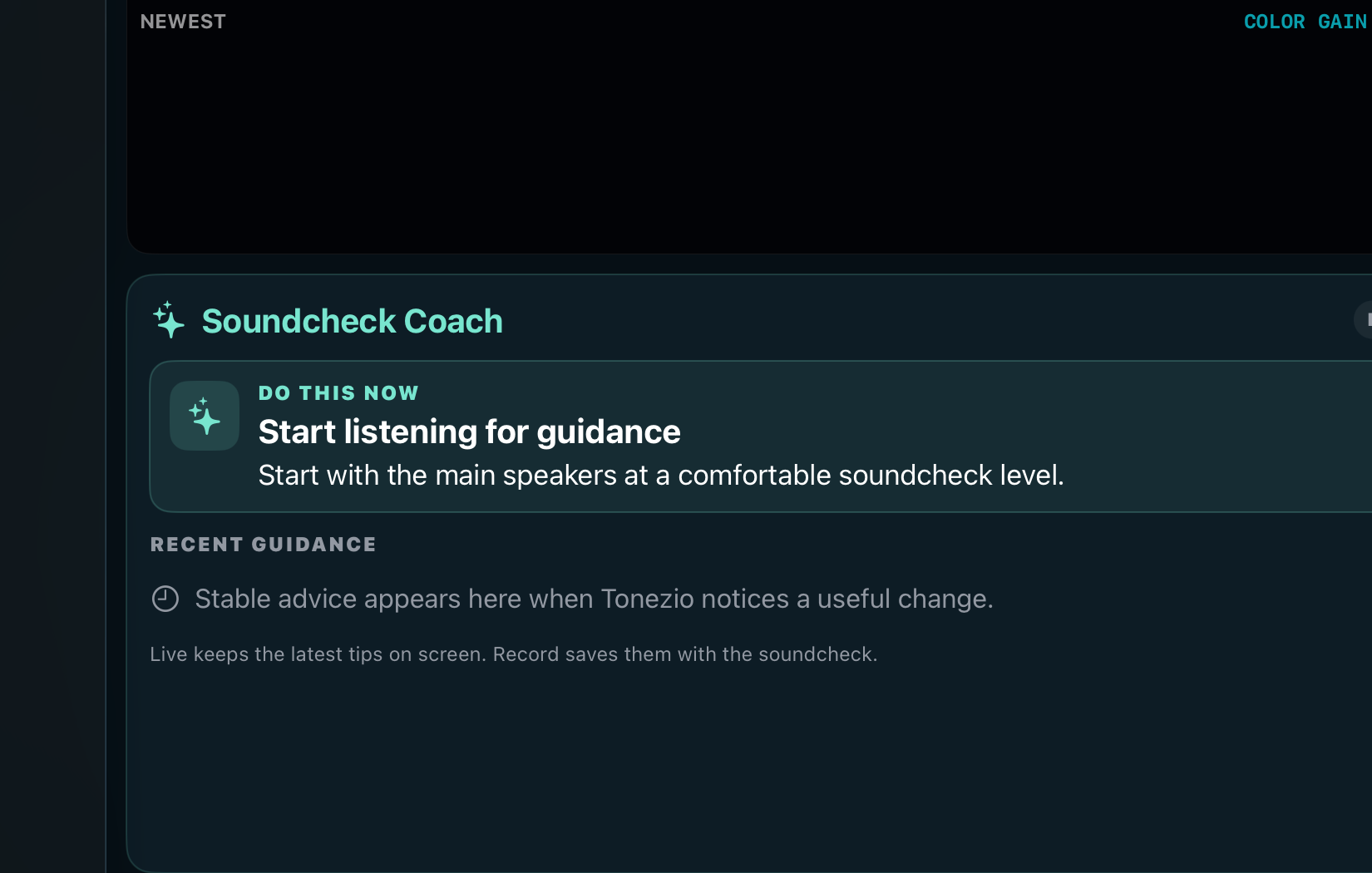 Current Tonezio Soundcheck Coach with a prominent action and recent guidance