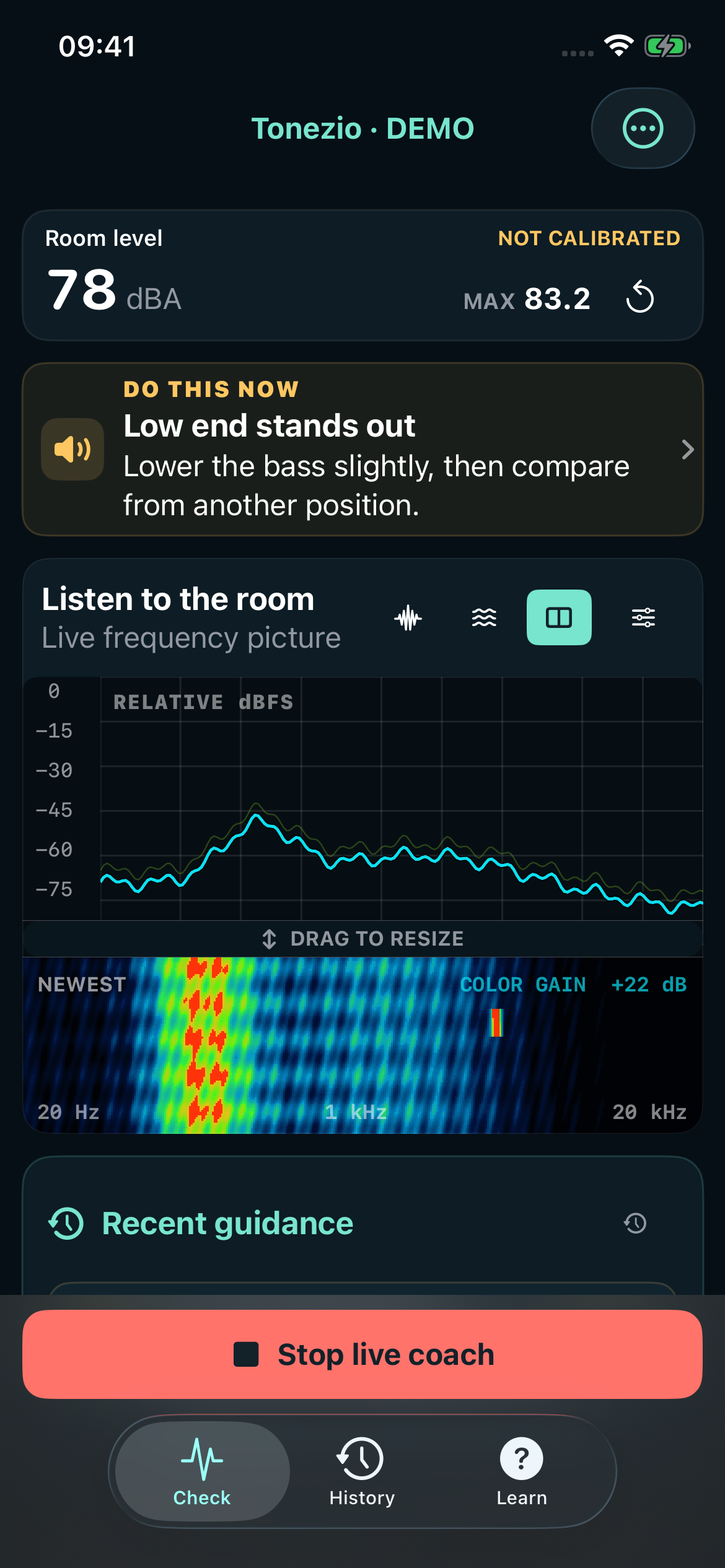 Tonezio on iPhone showing live frequency graphs and practical Coach guidance