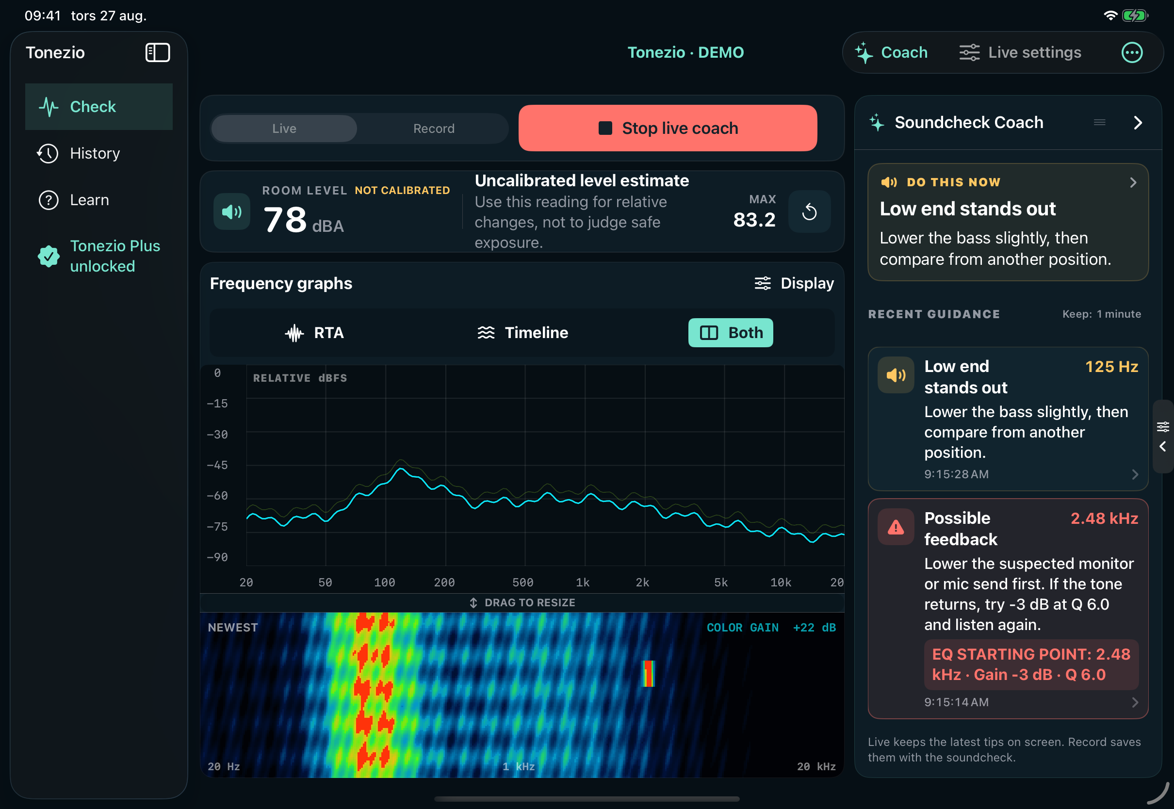 Tonezio on iPad: live RTA and spectrogram beside a readable Soundcheck Coach with recent guidance